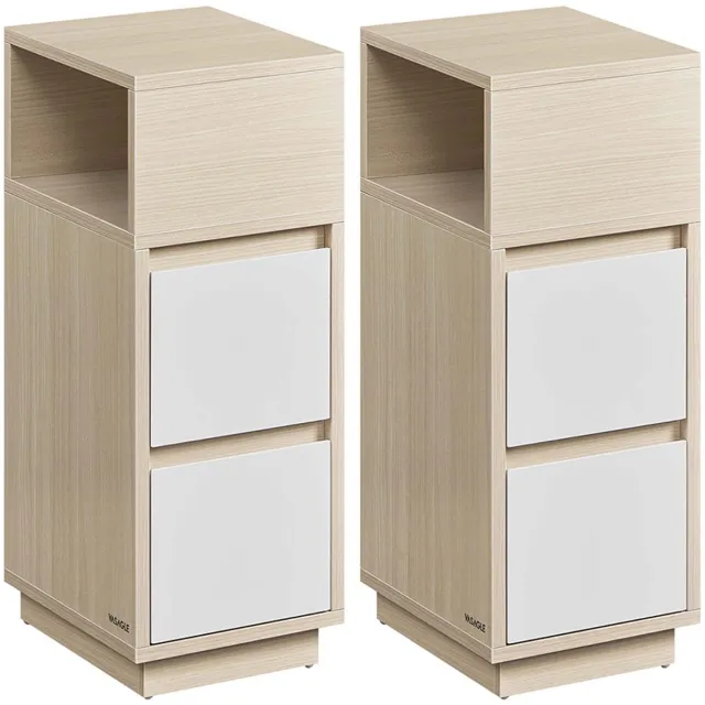 Songmics Set van 2 smalle bijzettafels – Hout – Beige – Slank ontwerp met 2 lades en 1 open vak