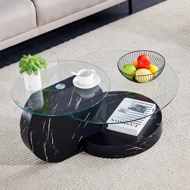 FloraGrace Salontafel - Gehard Glas Met Gelaagde Opbergruimte - Voor Woonkamer - MDF En Transparant Zwart - Rond