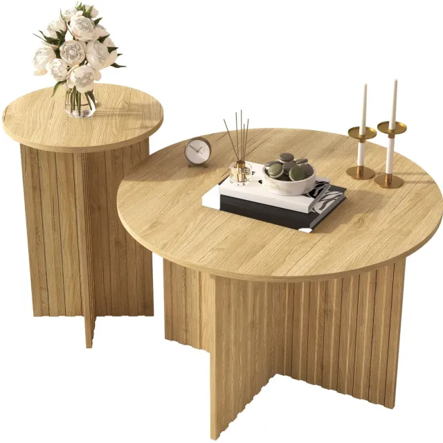Merax Nest-Tafel Set 2-delig – Ronde Houten Salontafels & Bijzettafels in Scandinavisch Design – Ruimtebesparend & Veelzijdig Natuurlijk
