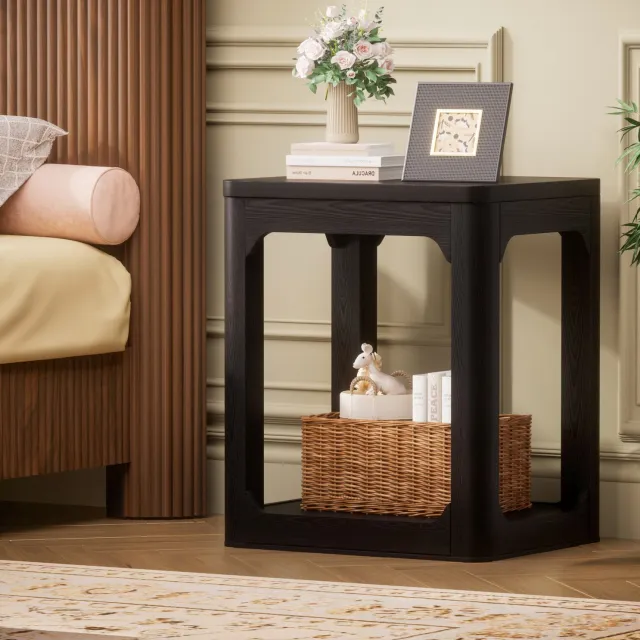 MEUNIQ Set van 2 bijzettafels 50 x 40 x 60 cm, met twee open niveaus en matzwarte afwerking, voor woonkamer, slaapkamer of werkkamer