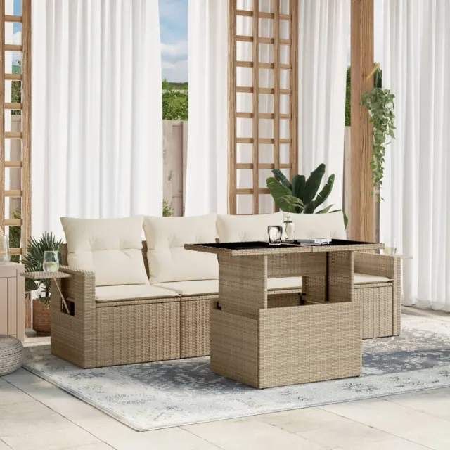 vidaXL 5-delige Loungeset met kussens poly rattan beige, foto 2