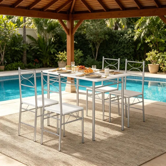 REDOM Set tafel en stoelen - 4-persoons eetset - Rechthoekige tafel met 4 stoelen - Ruimtebesparend - Moderne stijl - Eetkamer, balkon, bistro - MDF en metaal - Zilver en Wit - 110 x 76 x 70 cm Zilver+Wit
