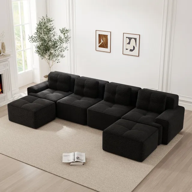 HAUSS SPOLE Modulaire Hoekbank 4-Zits 74 Cm Zitdiepte - Wolkencomfort Met Antislip Basis - Voor Woonkamer - Corduroy Zwart