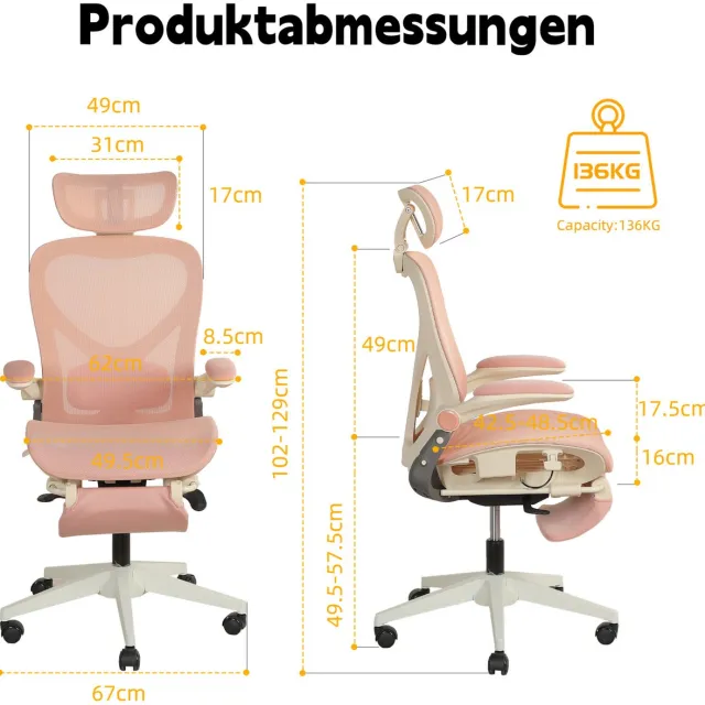 FloraGrace Ergonomische Bureaustoel 62 x 48,5 x 129 Cm - Inklapbaar Met 3D Hoofdsteun En Voetsteun - Netweefsel - Roze Pink