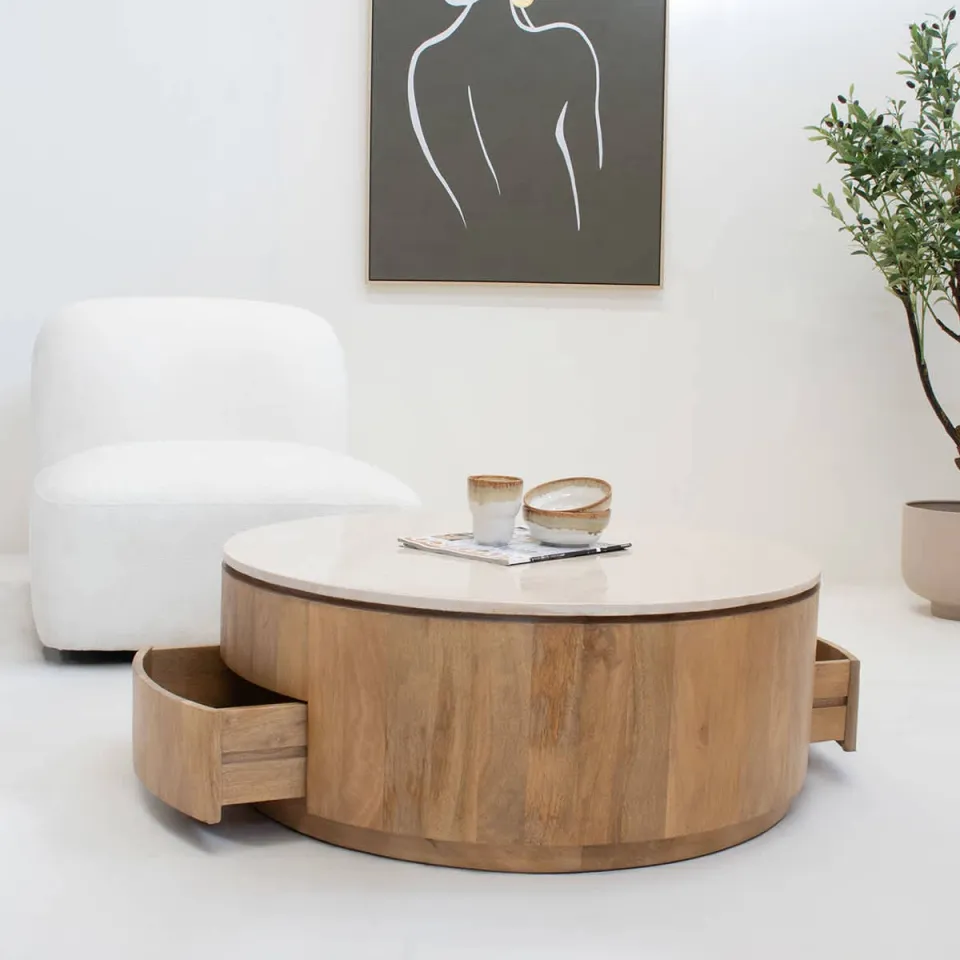 Giga Meubel Salontafel Elan Rond - Travertin - Naturel - 90x90x35cm - Incl. Lades, foto 4