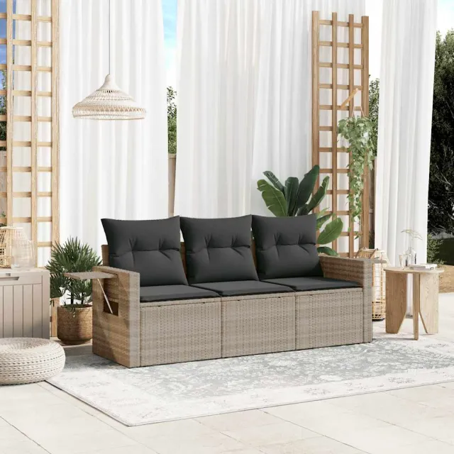vidaXL 3-delige Loungeset met kussens poly rattan lichtgrijs grijs, foto 2