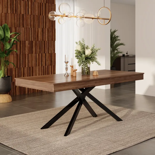 FloraGrace Eettafel - Uitschuifbaar Van 140 Tot 180 Cm - Voor 6 Tot 8 Personen - MDF En Metaal - 180x80x76 Cm - Walnootkleur