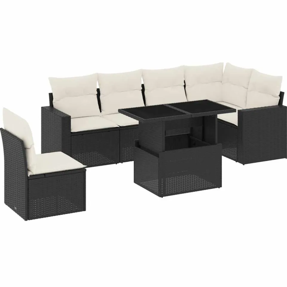vidaXL 7-delige Loungeset met kussens poly rattan zwart