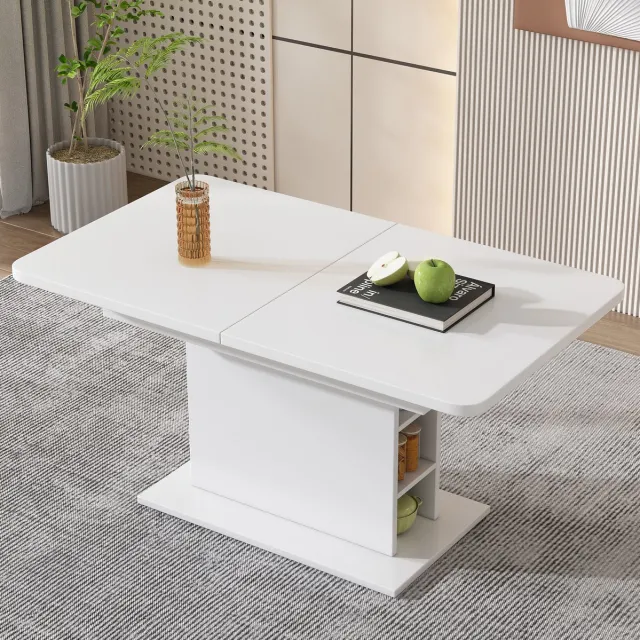 MEUNIQ uitschuifbare eettafel in wit, multifunctionele tafel van spaanplaat en metaal, voor eetkamer, werkplek en dagelijks gebruik White