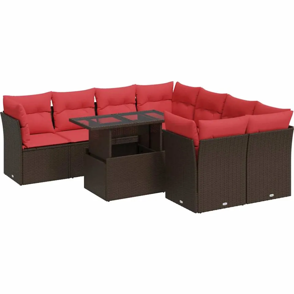 vidaXL 9-delige Loungeset met kussens poly rattan acacia bruin, foto 3