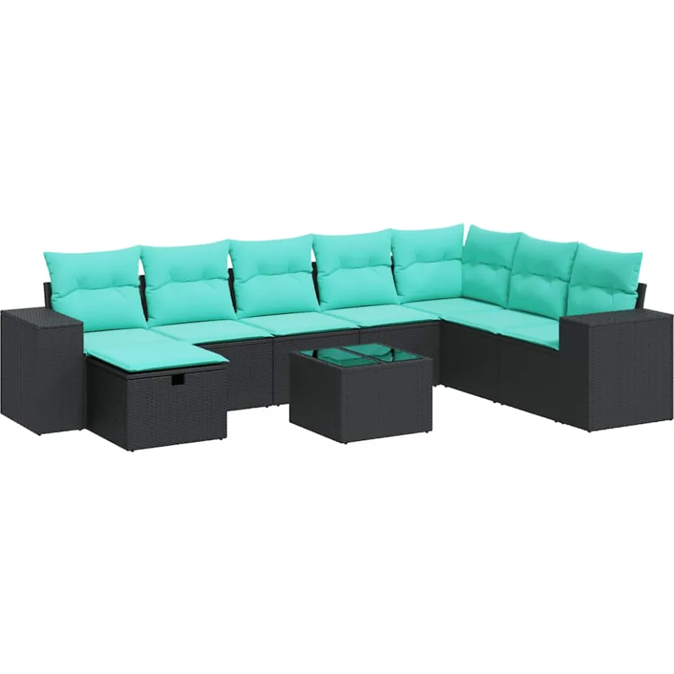 vidaXL 9-delige Loungeset met kussens poly rattan zwart, foto 3