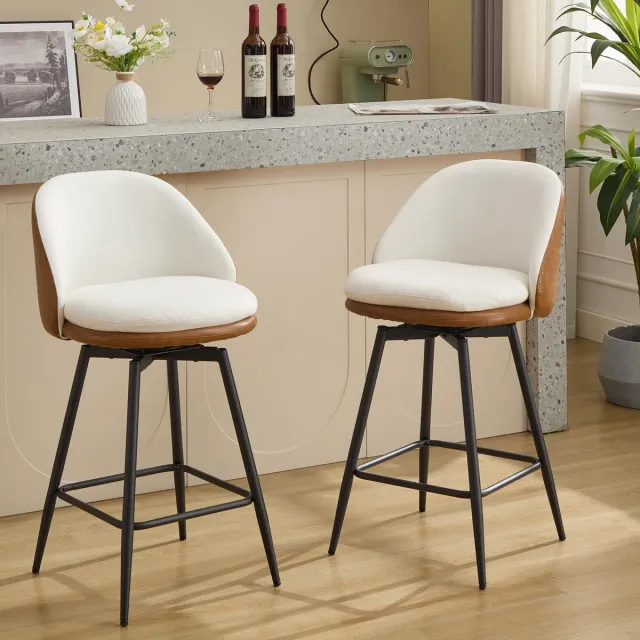 Triumpunpre Set van 2 Draaibare Barkrukken - 66 cm Zithoogte - Metalen Poten en Voetsteun - Zonder Armleuningen voor Keukeneiland en Bar - Buitenkant PU Bruin + Binnenkant Linnen Crème Wit