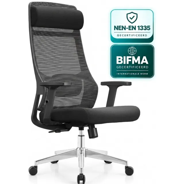 OfficeSense OS110 Ergonomische Bureaustoel – Mesh Office Chair – NEN1335-gecertificeerd – Volwassenen – Hoofdsteun – Rugsteun – Zwart