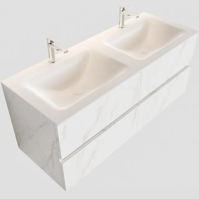 Boss & Wessing Badkamermeubel BWS Valencia Carrara Mat 120 cm Solid Surface Wastafel Rechthoekige Wasbak Dubbel (2 kraangaten, 4 lades)