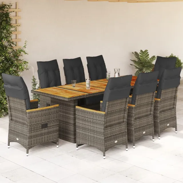 vidaXL 9-delige Bistroset met kussens poly rattan grijs, foto 2