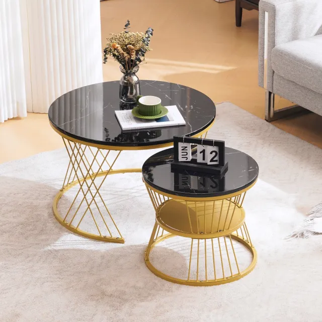 Clruro Moderne Nesting Salontafel Set - Hoogglans Marmor Optiek - Set van 2 Ronde Eindtafels - Gouden Frame - Woonkamer Tafel Zwart
