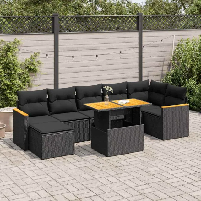 vidaXL 8-delige Loungeset met kussens poly rattan acacia zwart, foto 2