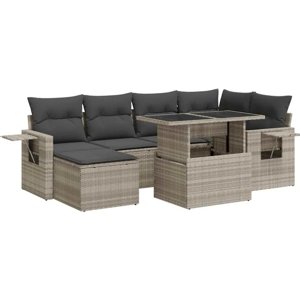 vidaXL 7-delige Loungeset met kussens poly rattan lichtgrijs grijs, foto 3