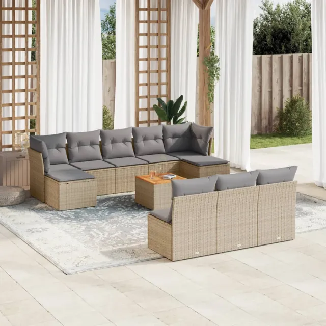 vidaXL 11-delige Tuinset met kussens poly rattan beige, foto 2