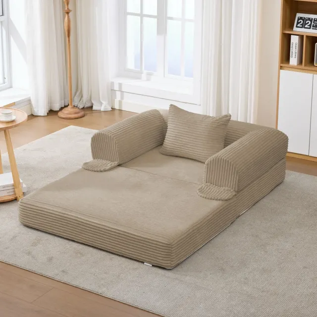 MEUNIQ 1-zits slaapbank van corduroy met kussen, convertibel en opvouwbaar, 120 x 85 x 65 cm, voor woonkamer en slaapkamer, beige
