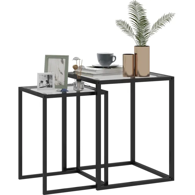Lunpog Set van 2 stapelbare bijzettafels - stalen frame met tafelblad van gehard glas - antislipvoetjes - zwart