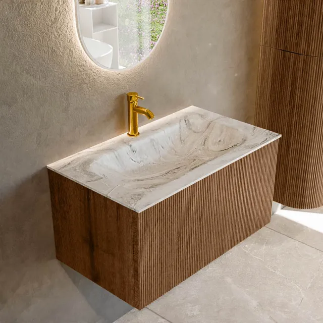 Mondiaz KURVE-DLUX 80 cm Onderkast Greeploos 1 Lade Zonder Deuren Walnut, Wastafel Solid Surface Volledig Glace 1 Kraangat Zonder Spiegel (KRVBGS801L0D1KM-Wal/Gla)