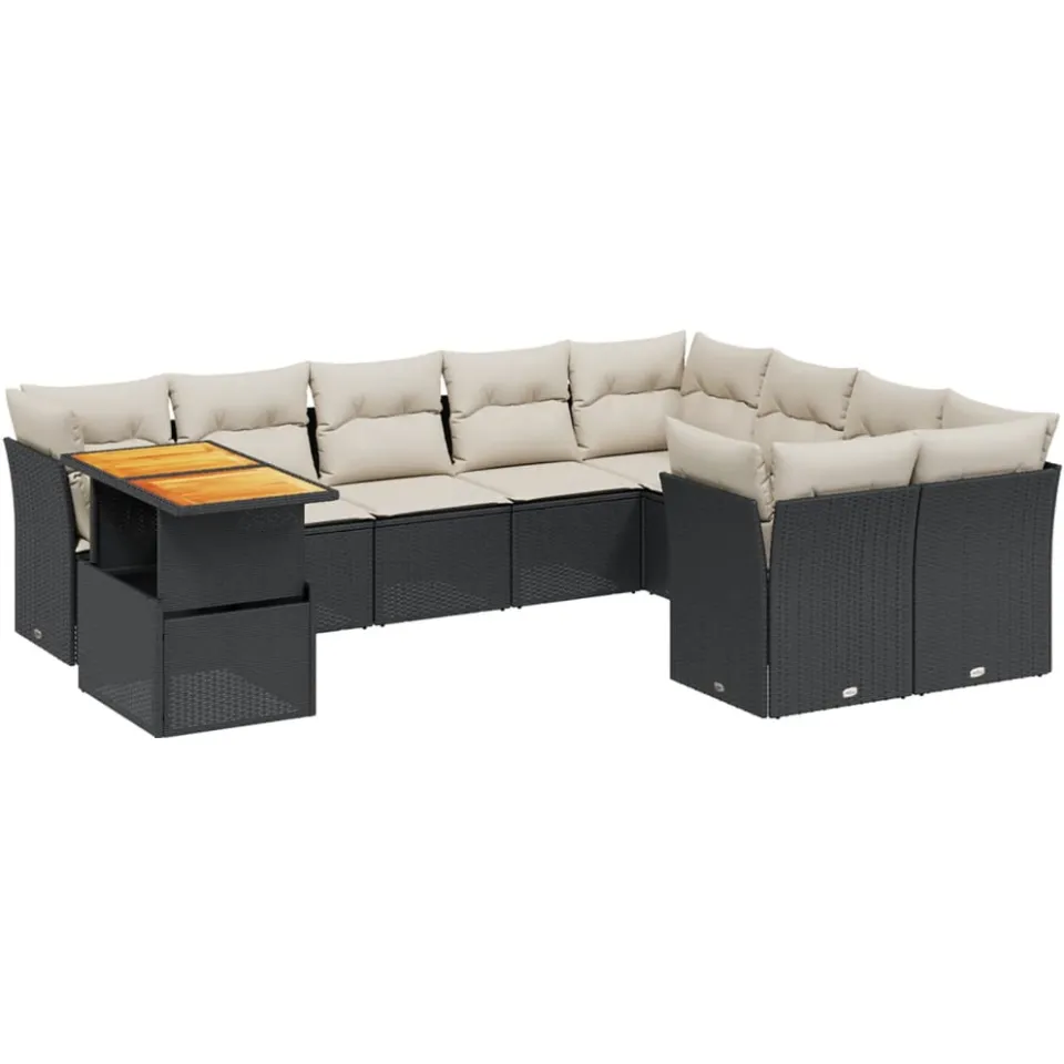 vidaXL 10-delige Loungeset met kussens poly rattan zwart, foto 3