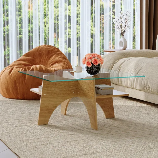 intebiki Moderne vierkante bijzettafel/salontafel van gehard glas – 80 cm breed. Tafelpoten van MDF met een lichte houtfineer. Ideaal voor eetkamers, woonkamers en nog veel meer. Transparant, hout