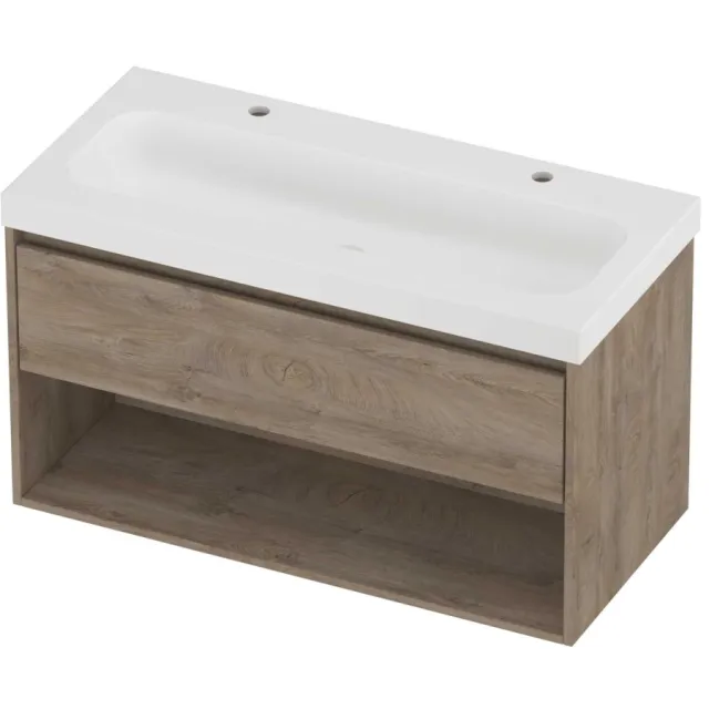 Proline Haga Badmeubelset Polystone Mezza 2 Kraangaten Met Schap 100x46x58 cm Mat White Raw Oak Eiken