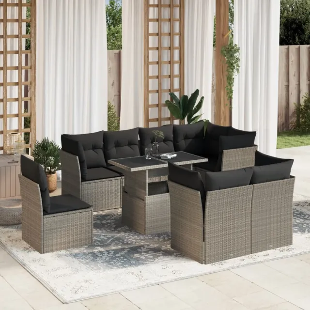 vidaXL 9-delige Loungeset met kussens poly rattan lichtgrijs grijs, foto 2