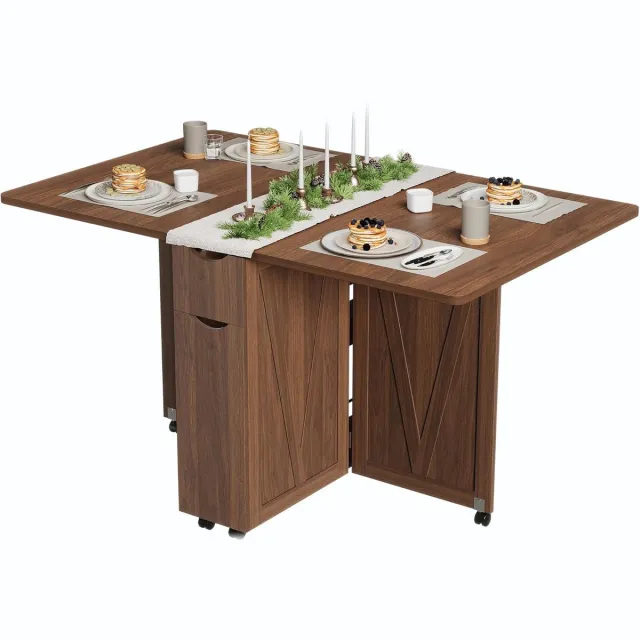 HOERFURIY Multifunctionele Inklapbare Eettafel op Wielen met Opbergruimte - Ruimtebesparende Keukentafel voor Kleine Ruimtes - Met Lade & Planken - bruin