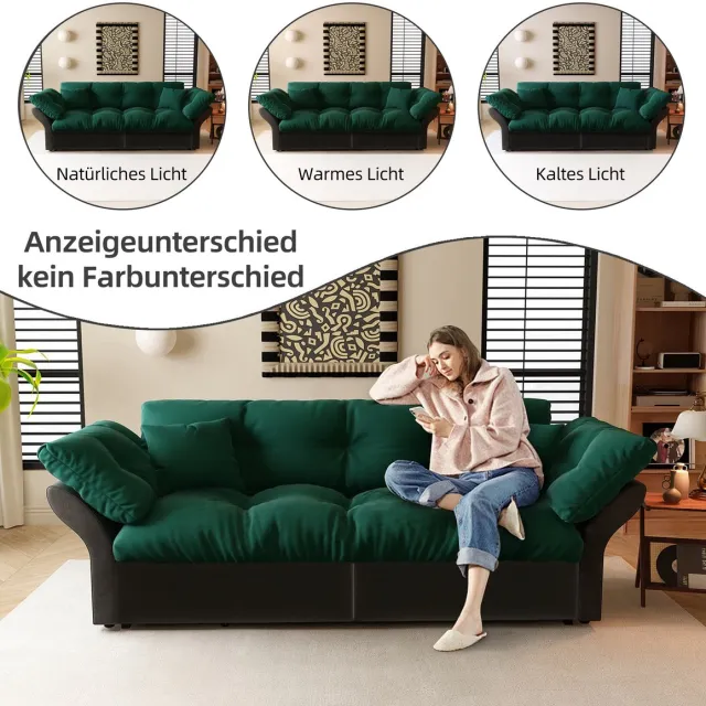 MODENUIT Slaapbank 190 Cm - Uitschuifbaar 3-in-1 Met 2 Kussens - Woonkamer En Slaapkamer - Velours Groen