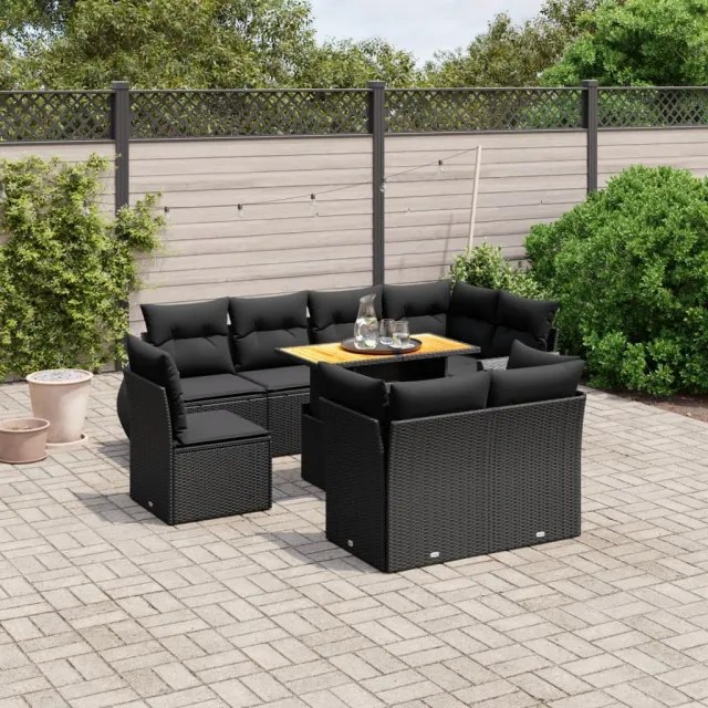 vidaXL 9-delige Loungeset met kussens poly rattan zwart, foto 2