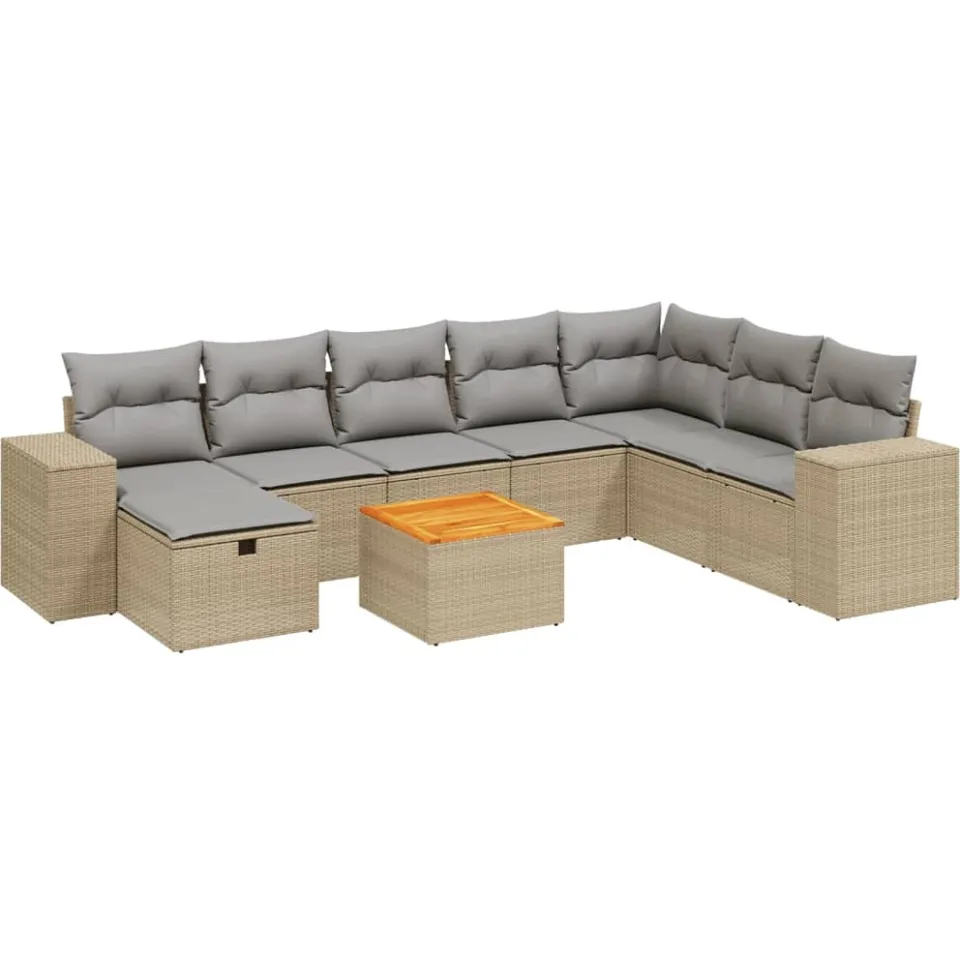vidaXL 9-delige Loungeset met kussens poly rattan gemengd beige, foto 3