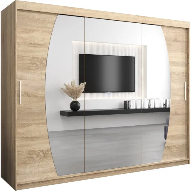 InspireME Kledingkast met 3 schuifdeuren, Modern-stijl, Een kledingkast met planken en een spiegel (BxHxD): 250x200x62 - GLOBE 250 Sonoma Eik mat 4 lades