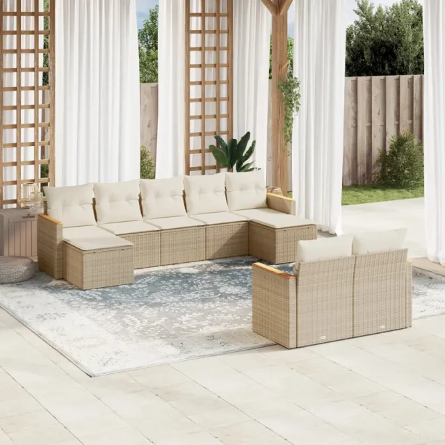 vidaXL 9-delige Loungeset met kussens poly rattan beige, foto 2