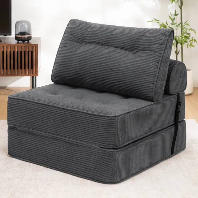 Hommpa Opvouwbare Slaapbank 3-in-1 – Sofa, Bed & Loungestoel met Kussen – Comfortabele Vloerbank voor Woonkamer of Slaapkamer – Grijs 80 cm