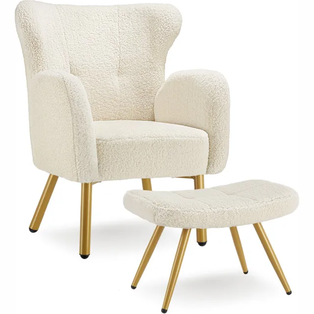 Tectake Fauteuil met Voetenbank – Bouclé Loungefauteuil met Dikke Vulling – Comfortabele Relaxstoel voor Woonkamer en Slaapkamer – Crème/Goud