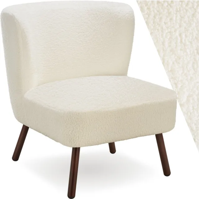 Tectake Teddy Fauteuil Robina - Scandi Design - Comfortabele Stoel met Bouclé Stof - Relaxstoel - Royale Zitting met Extra Brede Rugleuning - Relaxfauteuil - Loungestoel voor Woonkamer - Kamerstoel - Off White Bouclé Gebroken Wit