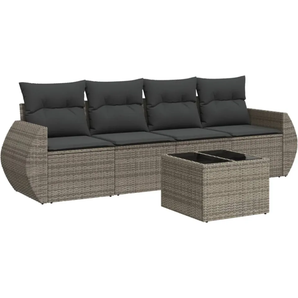 vidaXL 5-delige Loungeset met kussens poly rattan grijs, foto 3