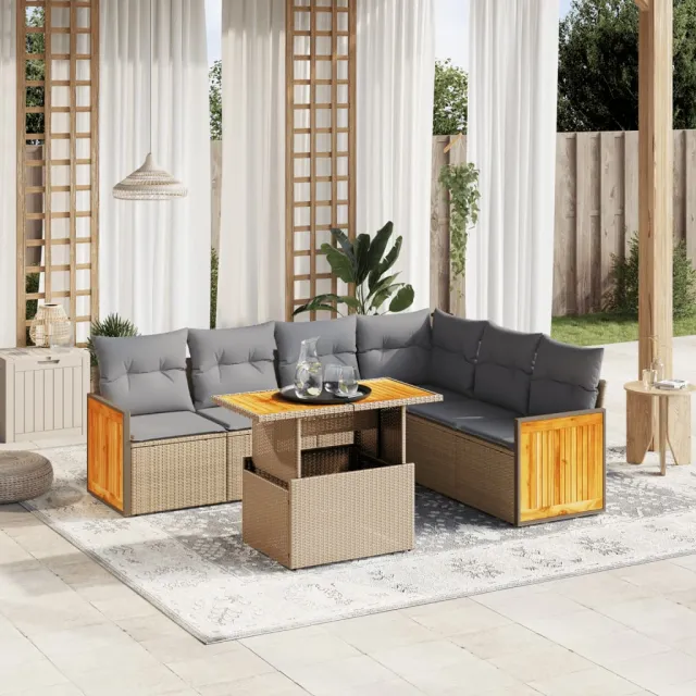 vidaXL 7-delige Loungeset met kussens poly rattan beige, foto 2