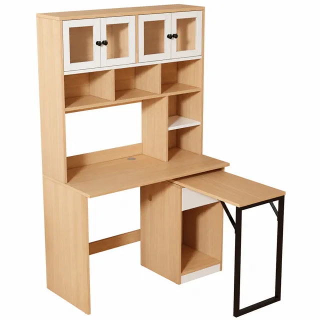City long dragon LONG DRAGON - Computerbureau met opbergkast en rek - Werktafel - Wit + Naturel - 180 cm