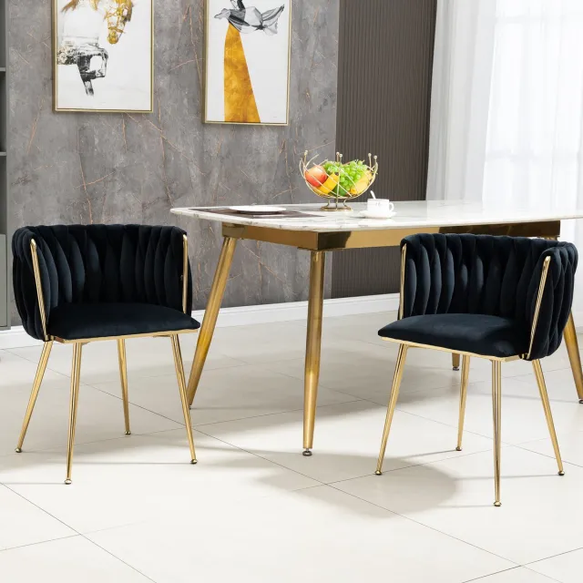 Zubaliya Moderne Luxe Fluwelen Eetkamerstoelenset met Gouden Metalen Poten, Elegant Handgeweven Design en Zachte Kussens voor Eetkamer, Woonkamer en Slaapkamer (set van 2), Zwart