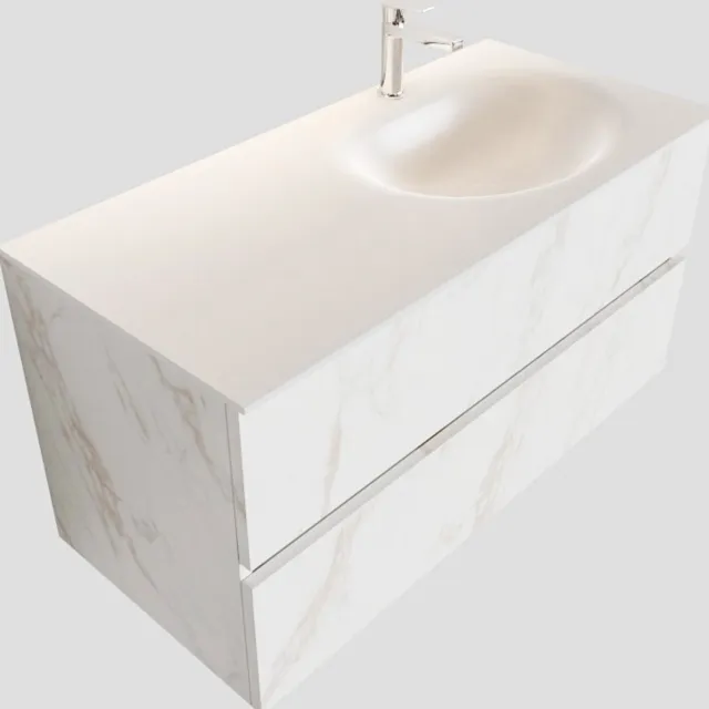 Boss & Wessing Badkamermeubel BWS Madrid Carrara Mat 100 cm Solid Surface Wastafel Rechts (1 kraangat, 2 lades)