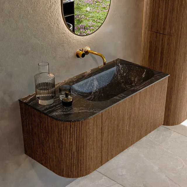 Mondiaz KURVE-DLUX 95 cm Onderkast Greeploos 1 Lade Met Deuren Walnut, Wastafel Solid Surface Rechts Lava 0 Kraangaten Zonder Spiegel (KRVBGS95L1L1D0KR-Wal/Lav)