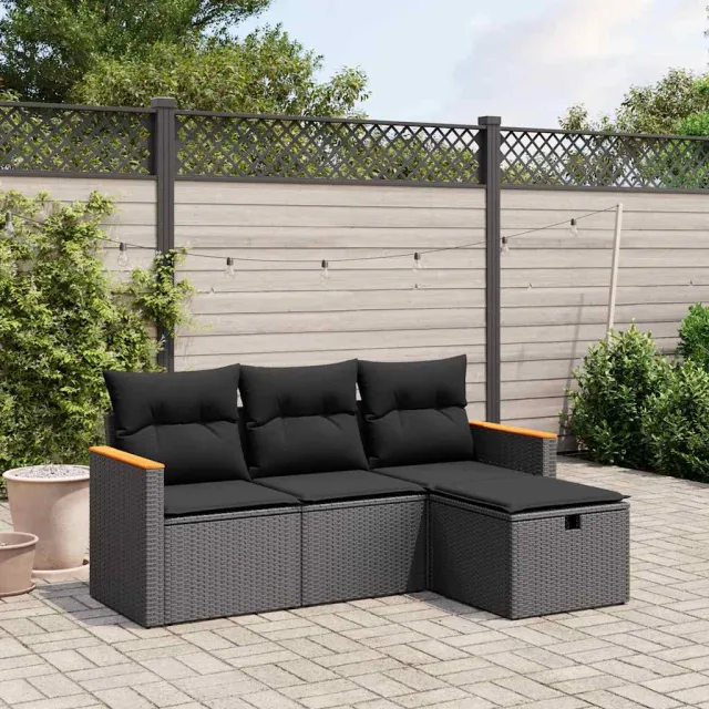 vidaXL 4-delige Loungeset met kussens poly rattan zwart, foto 2