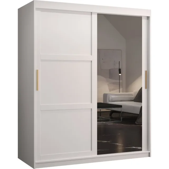 AJE Meubles B.V. Zweefdeurkast met spiegel Kledingkast met 2 schuifdeuren Garderobekast slaapkamerkast Kledingstang met planken (LxHxP): 150x200x60 cm - Rumble II (Wit, 150)