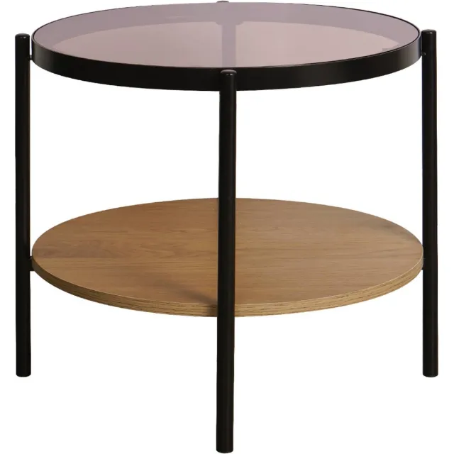 sweeek Ronde salontafel / bijzettafel 52 x 52 cm met hout- en metaaleffect zwart, 2 tafelbladen waarvan één in gehard glas Naturel
