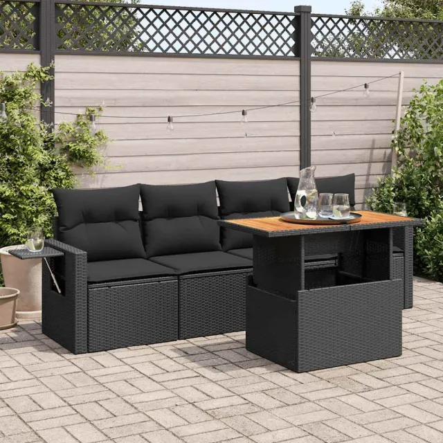 vidaXL 5-delige Loungeset met kussens poly rattan zwart, foto 2
