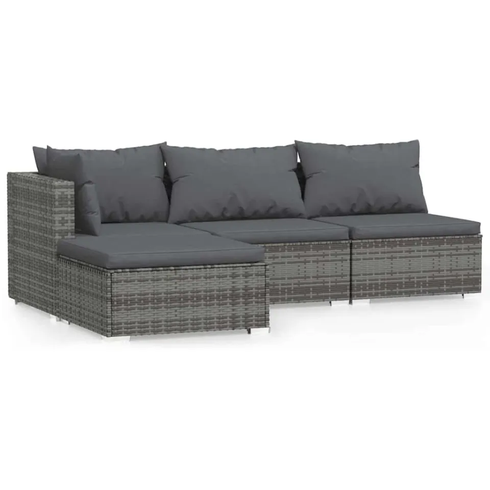 vidaXL 4-delige Loungeset met kussens poly rattan grijs, foto 3